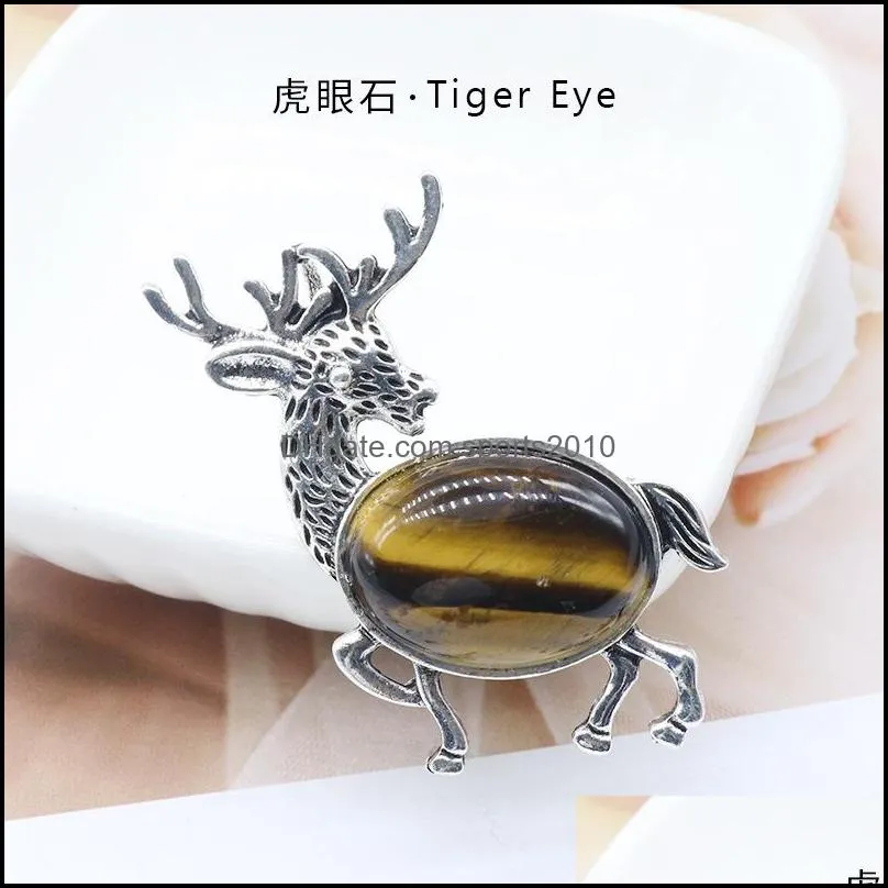 natural stone gem brooch elk deer pendant rose quartz crystal jade onyx bead necklace healing jewelry for women rope chai sports2010