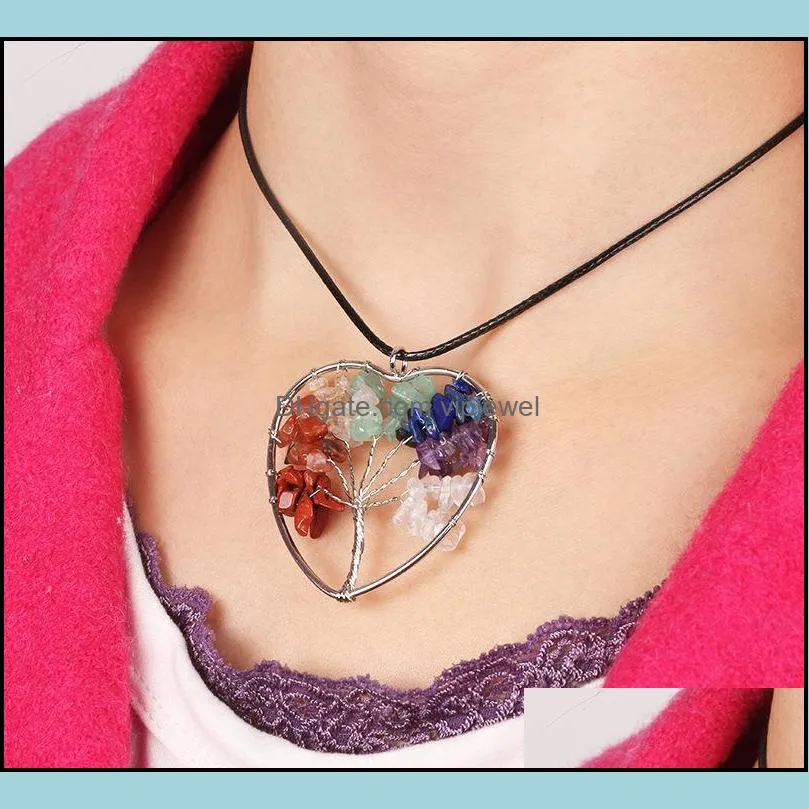 multicolor chakra natural stone tree of life pendant necklaces women heart necklace fashion jewelry christmas gifts k2354