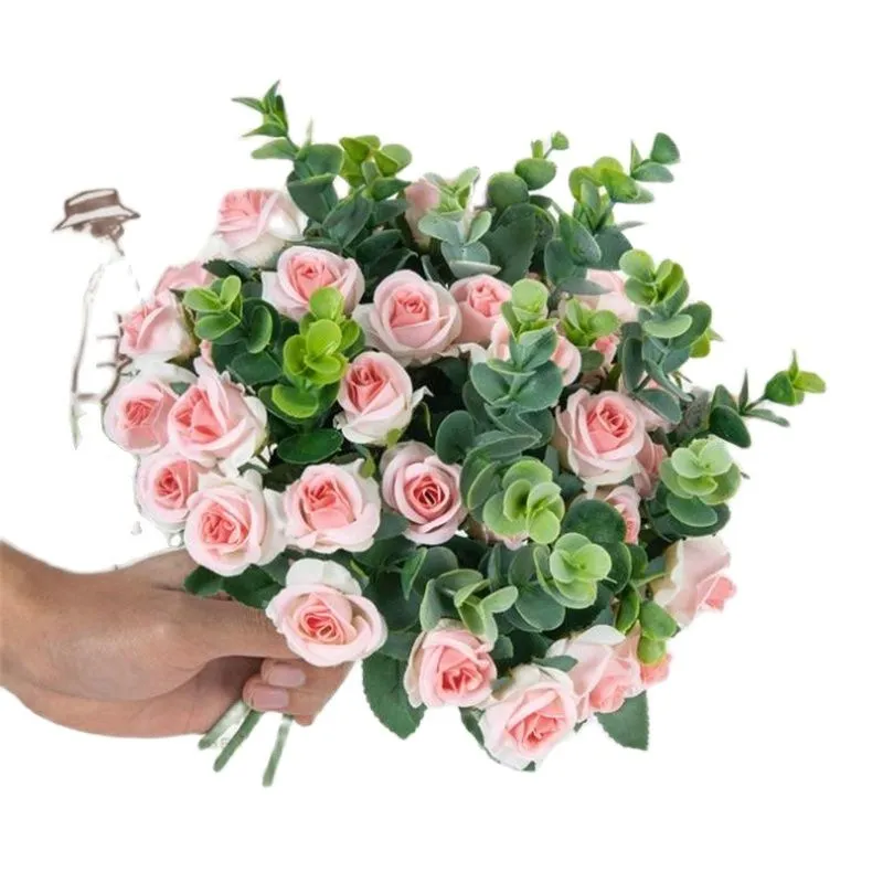 Uma flor falsa mini rosa (5 caules / bando) 11 "Comprimento Simulação Rosa Eucalipto folha para peças centrais de casamento
