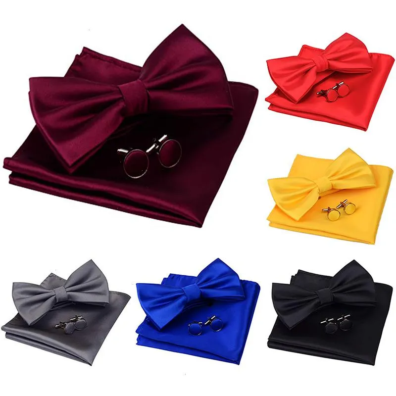 Män bowtie manschettknappar cravat sätter solida fjärilsband för man näsdukfest gåvor mens bröllop klänning slips tillbehör