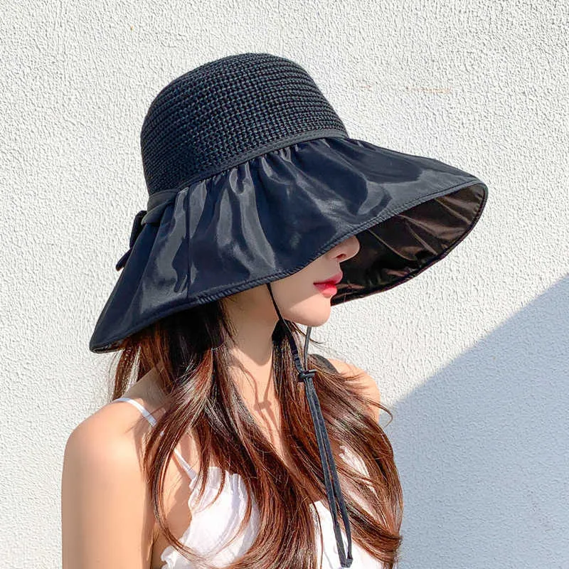 colla protezione solare Cappello nero femminile estivo cavo parasole traspirante cappello di paglia ultravioletto copertura a tesa larga cappello da pescatore con fiocco