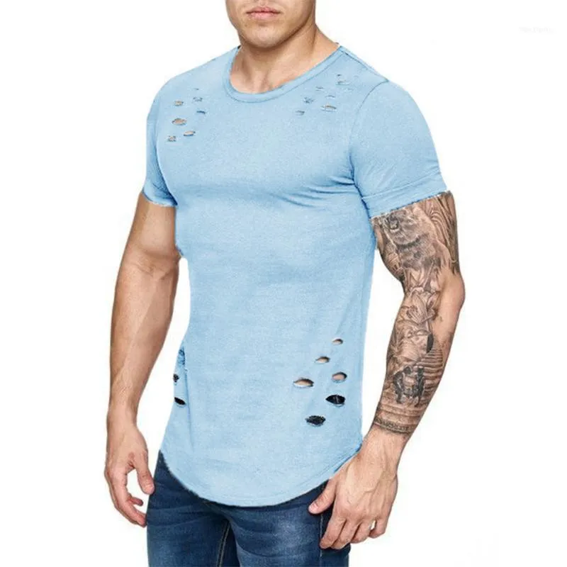 R112 Erkek T-Shirts Erkekler Yırtılmış Düz Renk Gevşek Uyum Mürettebat Yuvarlak Boyun Sıradan İçi Boş Çıkış Kısa Kollu Top1