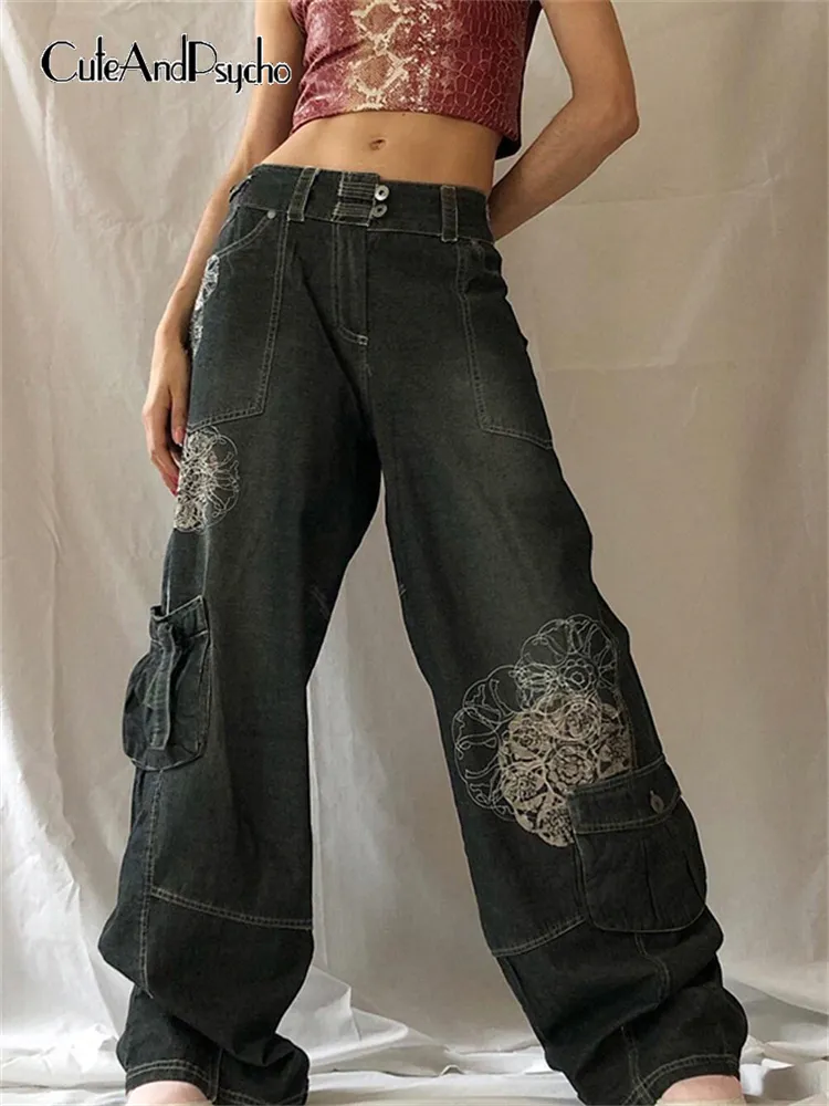 Retro grafische afdruk Y2K Baggy Jeans Grunge Fairycore High Taille Cargo Denim broek Streetwear Casual Sweatpants Cutepsycho 220526