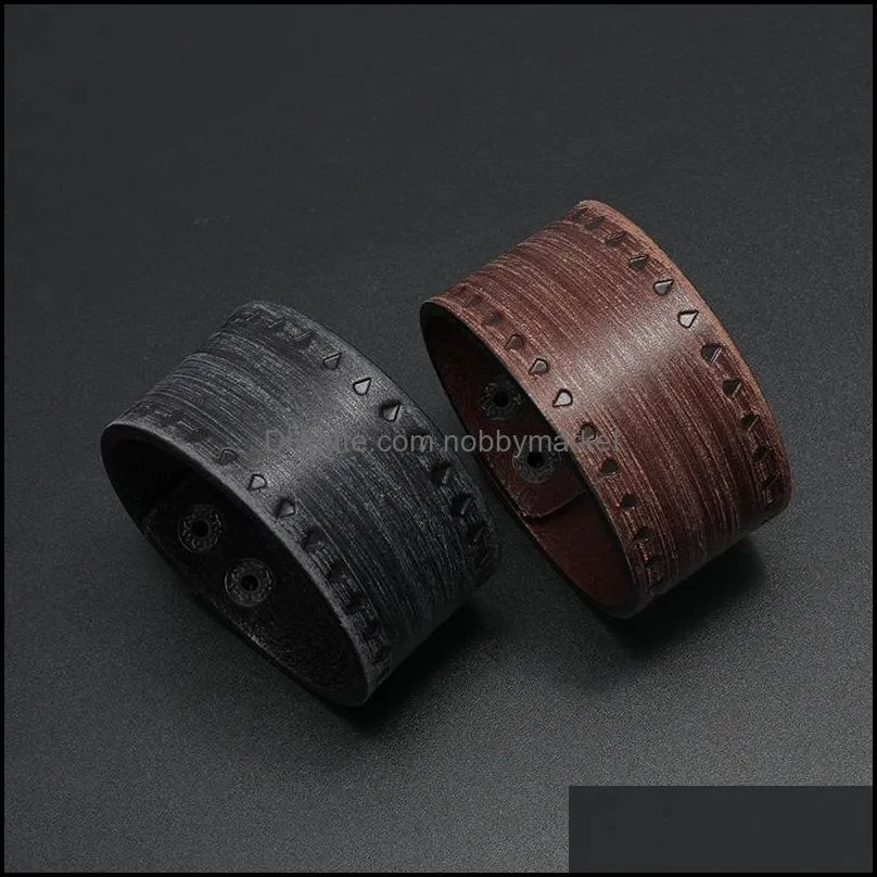 Tennis Simple Embossed Triangle Pattern Men Cuff Bracelets Retro Genuine Leather Wide Male Bangles Motorcycle Wristbands Decorations