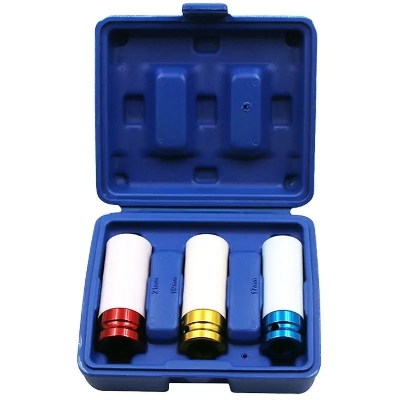 3 pezzi Set maniche 17,19-21 mm Protezione per pneumatici da parete, dado da impatto profondo, presa per cerchi in lega, rosso blu giallo Y200323