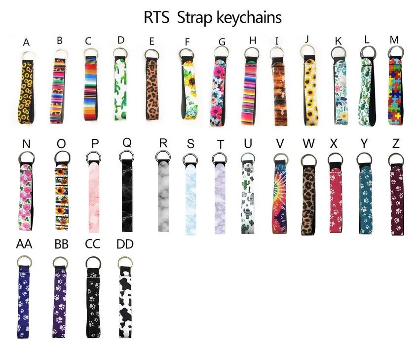 Neoprene Wristlet Keychain Colourful Printed Wrist Key Belt Sunflower Strip Leopard Lanyard Key Ring Keychains Bag Pendent