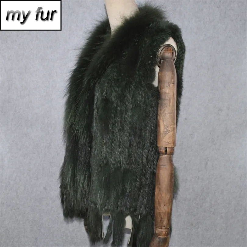 Mulheres do partido Real Rabbit Sur colete de malha de malha Tassels Real genuíno de coelho gilet Real Raccoon Fur Collar Coloat 201016