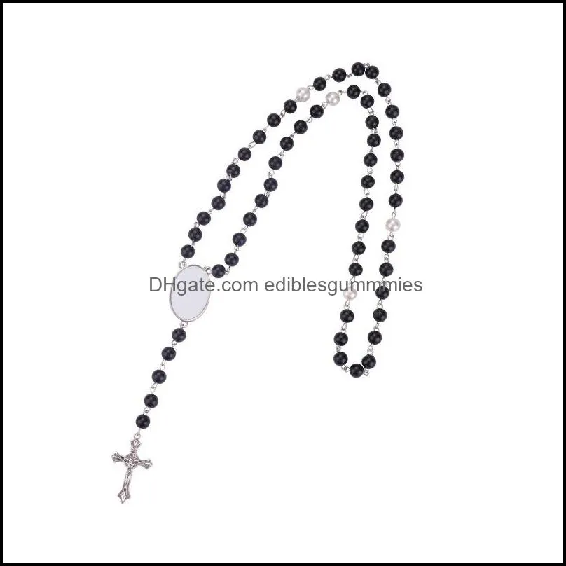 4 colors Sublimation necklace Heat Transfer Pendant Rosary bead Necklace Cross Jesus Metal Pendants