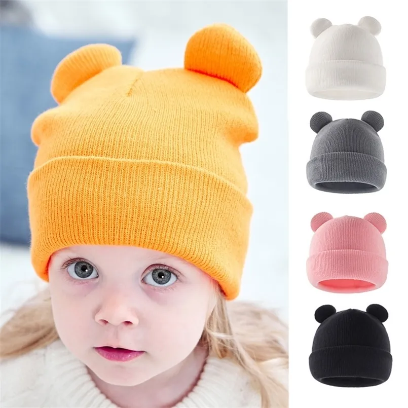 Autumn Winter Baby Hat com orelha cor sólida crochê infantil garoto garoto boné quente crianças malhas de malha de bebê chapéu 220514