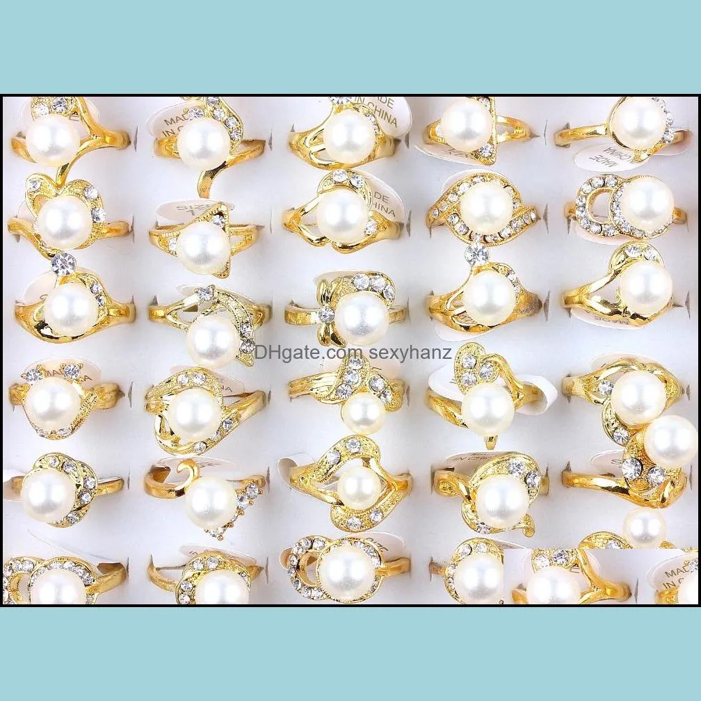 wholesale lots 50pcs rings band charms mens mix style natural pearl beads crystal rhinestone finger women gift