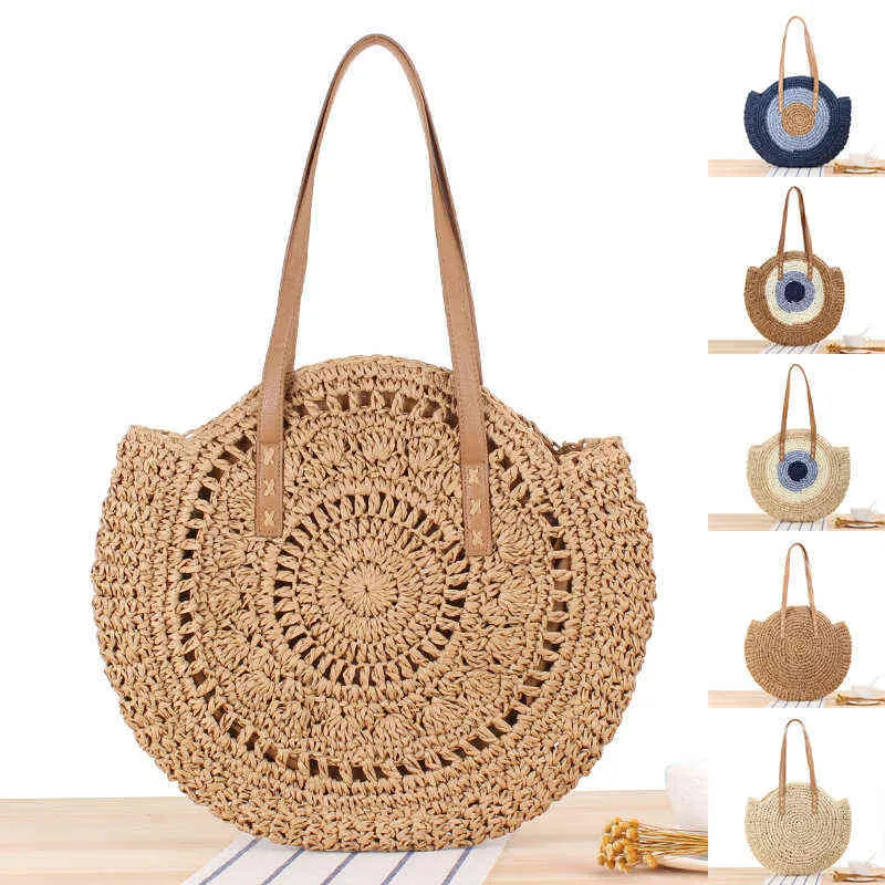 Ronde stro strandtas vintage handgemaakte geweven schoudertas raffia cirkel rotan tassen boheemse zomer vakantie casual tassen x220331