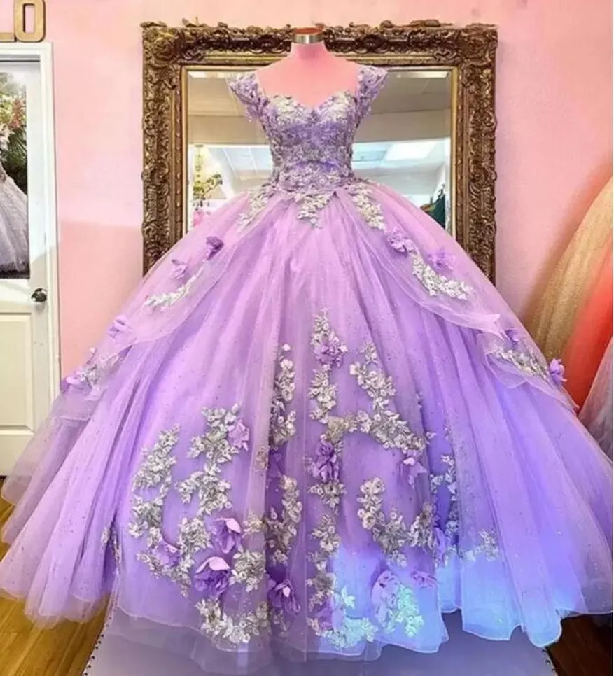 2022 Helllila Prinzessin Quinceanera Kleider Puffy Ballkleid Applikationen Süßes 15 16 Kleid Abschlussballkleider Vestidos De Xv C0711G01