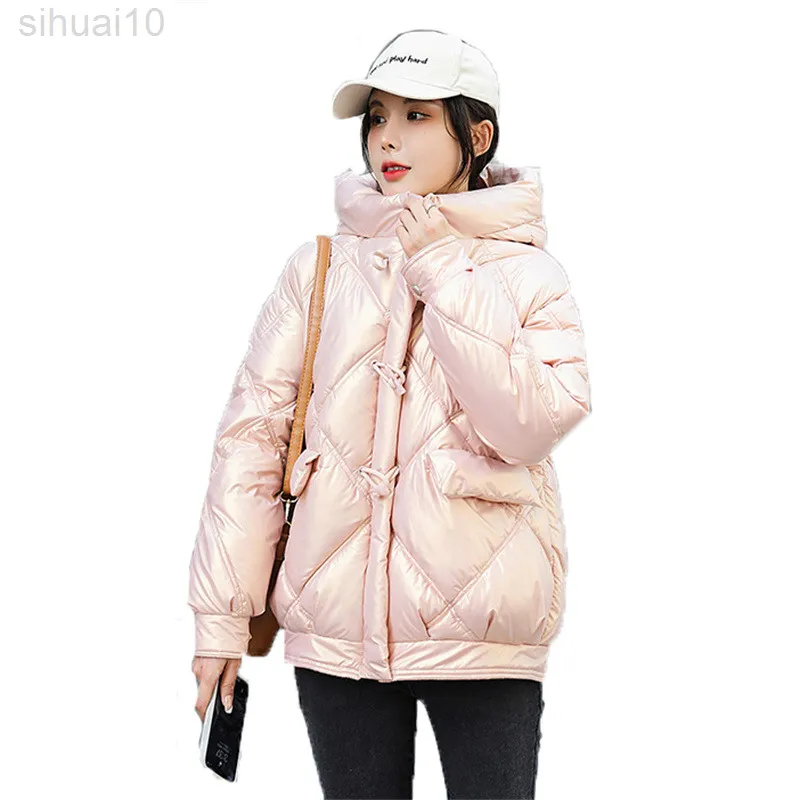 Cappotto in piumino di cotone lucido Nuovo Autunno Inverno Bianco Rosa Nero Giacca parka con cappuccio spesso e calda moda allentata L220730