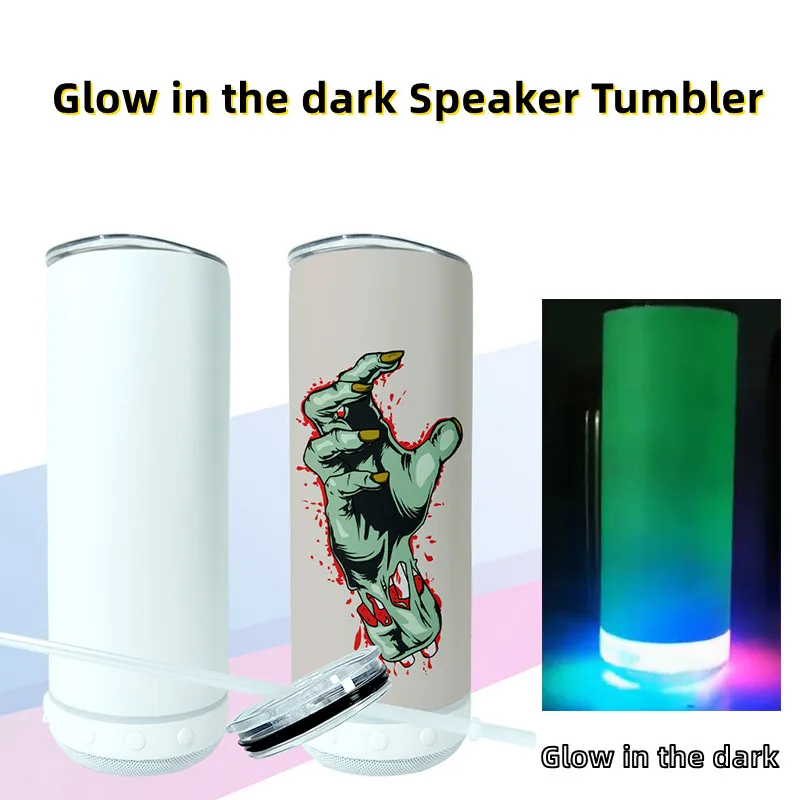 20oz Sublimation Glow in the dark Bluetooth Speaker Tumbler Sublimation STRAIGHT tumbler Wireless Intelligent Music Cups Stainless Steel Smart Water Bottle