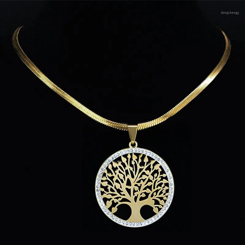 Pendant Necklaces Fashion Tree Of Life Stainless Steel Crystal & Pendants Women Gold Color Neckless Jewelry Collier Femme NXS01