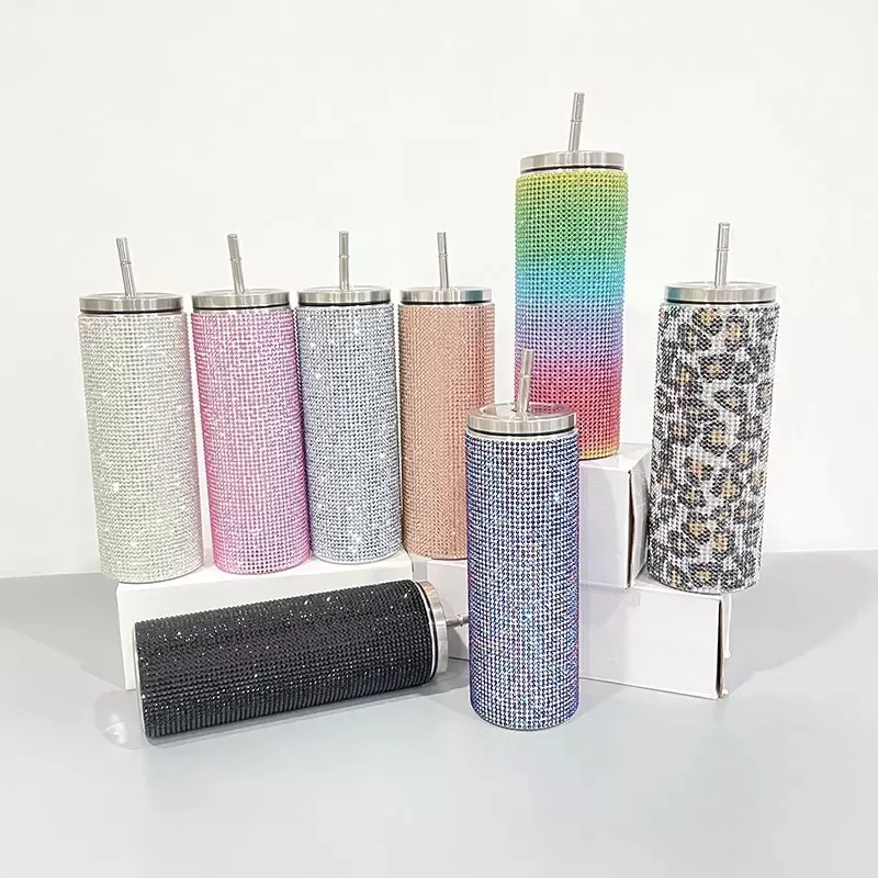 20oz Straight Body Diamond Tumbler Rhinestone Drill Water Bottles Stainless Steel Straw Coffee Cup Inventory Wholesale