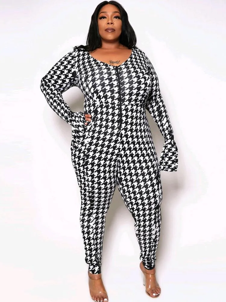 Pantalones de talla grande para mujeres 5xl Jumpsuits flacos para mujeres Playsuits de manga larga Autumn Fashion Houndstooth Impresión casual de lápiz de lápiz de lápiz