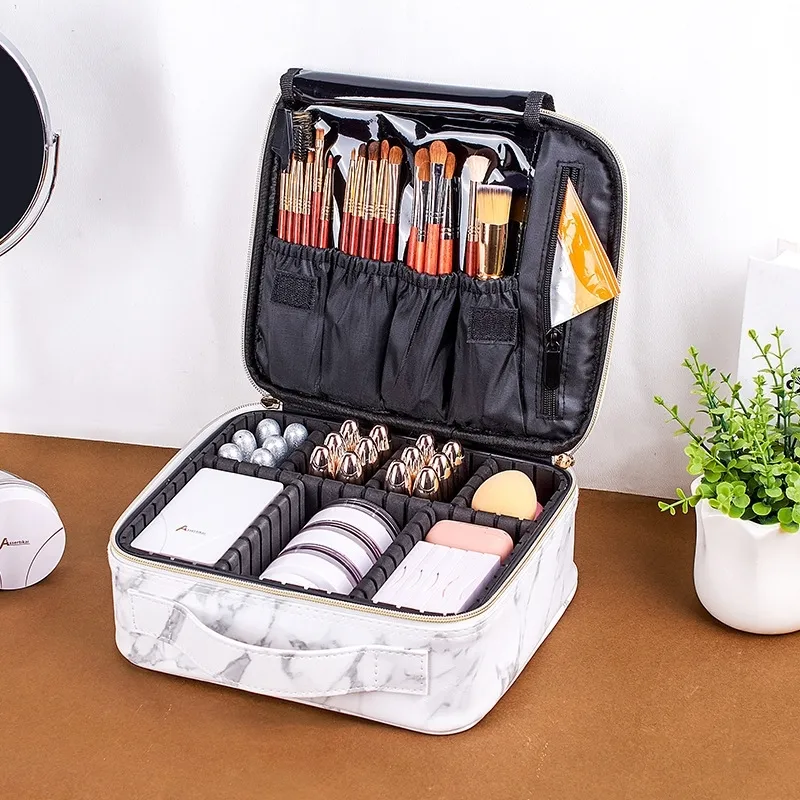 New Marble Cosmetic Bag Partition Multi Functional Portable Travel Storage Makeup Case 210305