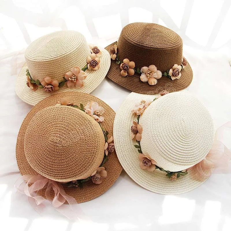 Summer Womens Sun Hat Bucket Cap Beige Lace Bowknot Flowers Ribbon Flat Top Straw Caps Panama Sunhat Feminino