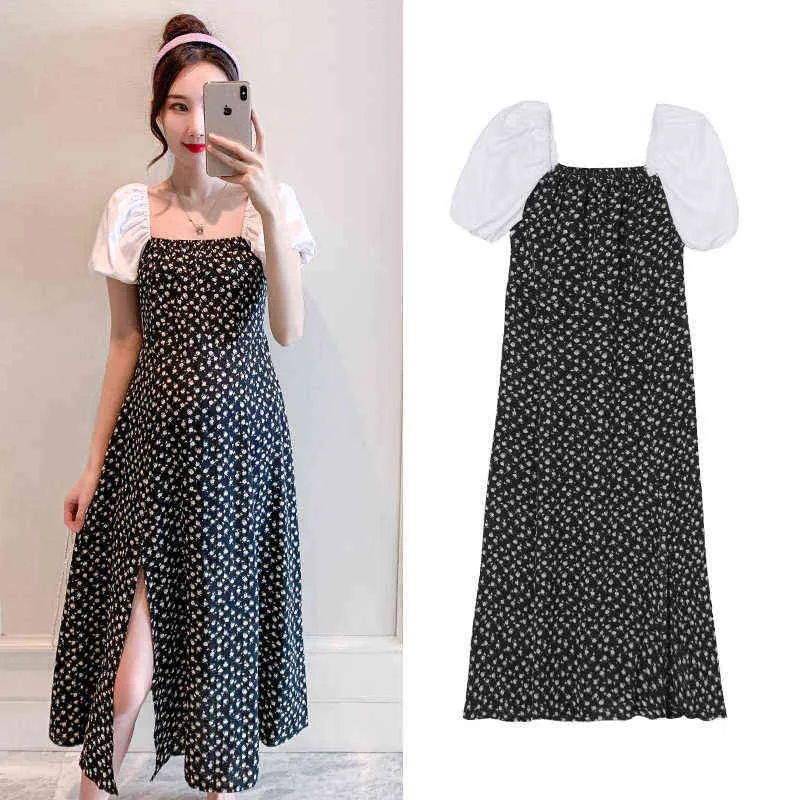 Sommer Schwangere Frau Puffärmel Quadrat Kragen Rückenfreies Kleid Mode Druck Mutterschaft Polka Dot Chiffon Kleid Split J220628