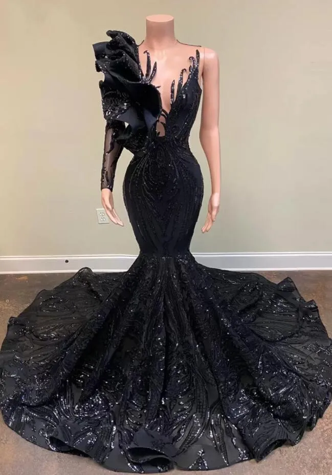 CHAUD! Robe de soirée longue et élégante, Style sirène, manches longues, avec des appliques de paillettes noires, robe de bal de Gala pour filles africaines, 2022