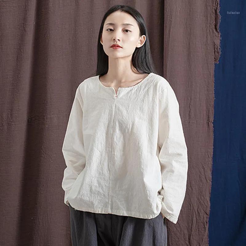 T-Shirt da donna Johnature T-shirt da donna in cotone tinta unita Vintage 2022 Primavera con scollo a V Manica lunga Panni in stile cinese
