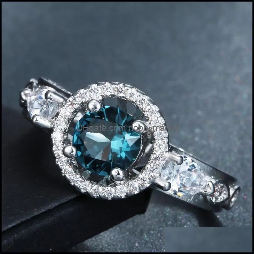 Wedding Rings Silver Plated Vintage Sky Blue Cz Zircon Jewelry Engagement Gift Luxury Promise For Women