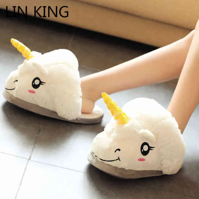 LIN KING Inverno adorabile Pantofole da casa Chausson Licorne Scarpe da donna Pantofole unicorno Animali Pantuflas Unicornio Pantoufle Femme G220730