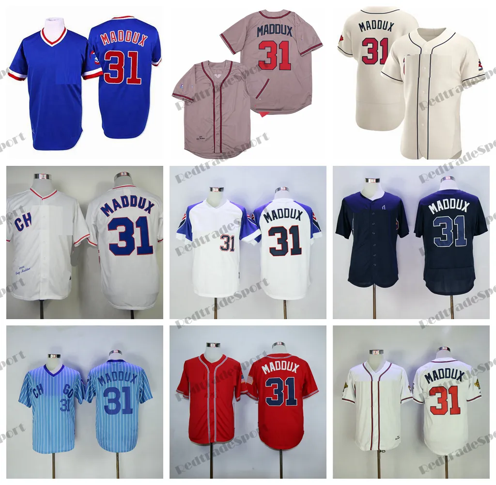 Mens Greg Atlanta 31 Maddux Baseball Jerseys 30th Vintage 1995 costura cinza camisetas vermelhas cinza camisetas azul retro