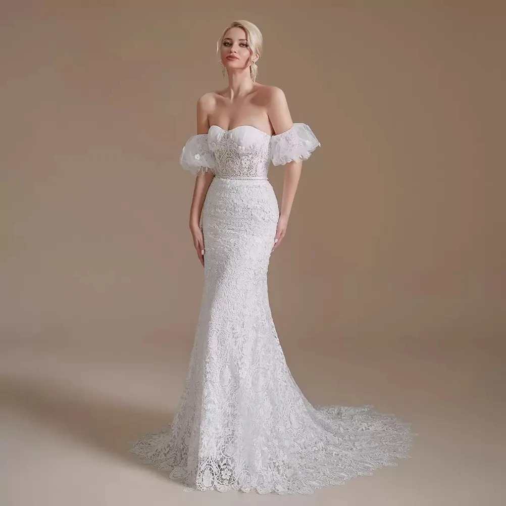 Abiti da sposa a sirena firmati con spalle scoperte Abito da sposa senza spalline in pizzo pieno spiaggia Immagini reali CPS1996