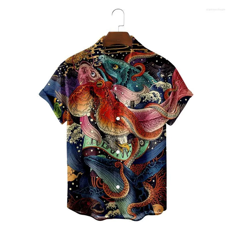 Men's Casual Shirts Summer Men's Vintage Sea Creature Hawaiian Shirt Octopus Whale Print Lapel Cardigan Button Up TMen's