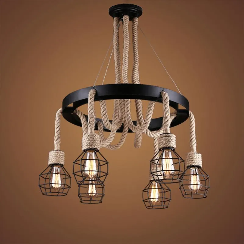 Подвесные лампы ретро веревка люстра американская промышленная ветряная лампа гостиная ресторан кофейная батон