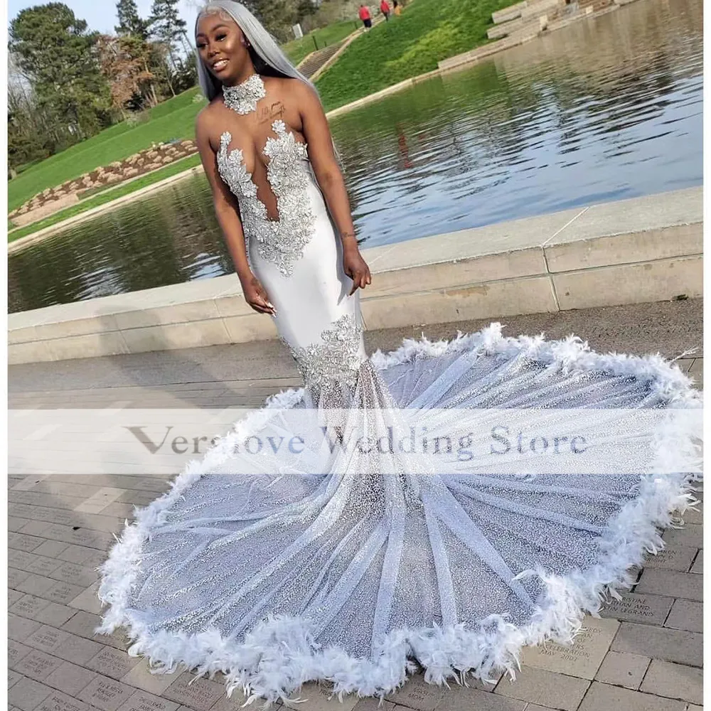 White mermaid prom dress with feathers cheap