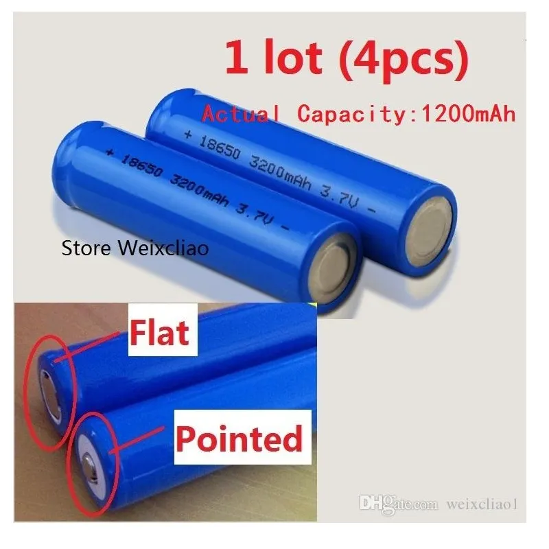 4pcs 1 lote baterías 18650 3.7V 1200mAh Litio Litio recargable batería recargable 3.7 voltio placa positiva placa plana o puntiaguda