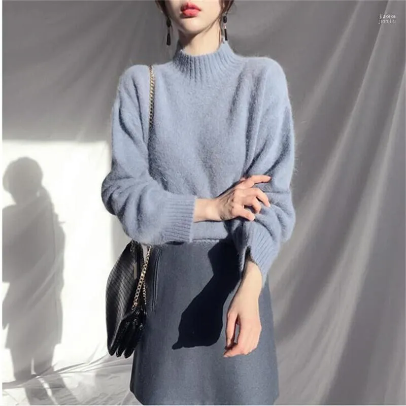 Real Po Plush Oversized Pullover Turtleneck Women Sweater White Blue Knit Solid Sweaters Tops For Womens 2022 Winter Jumper