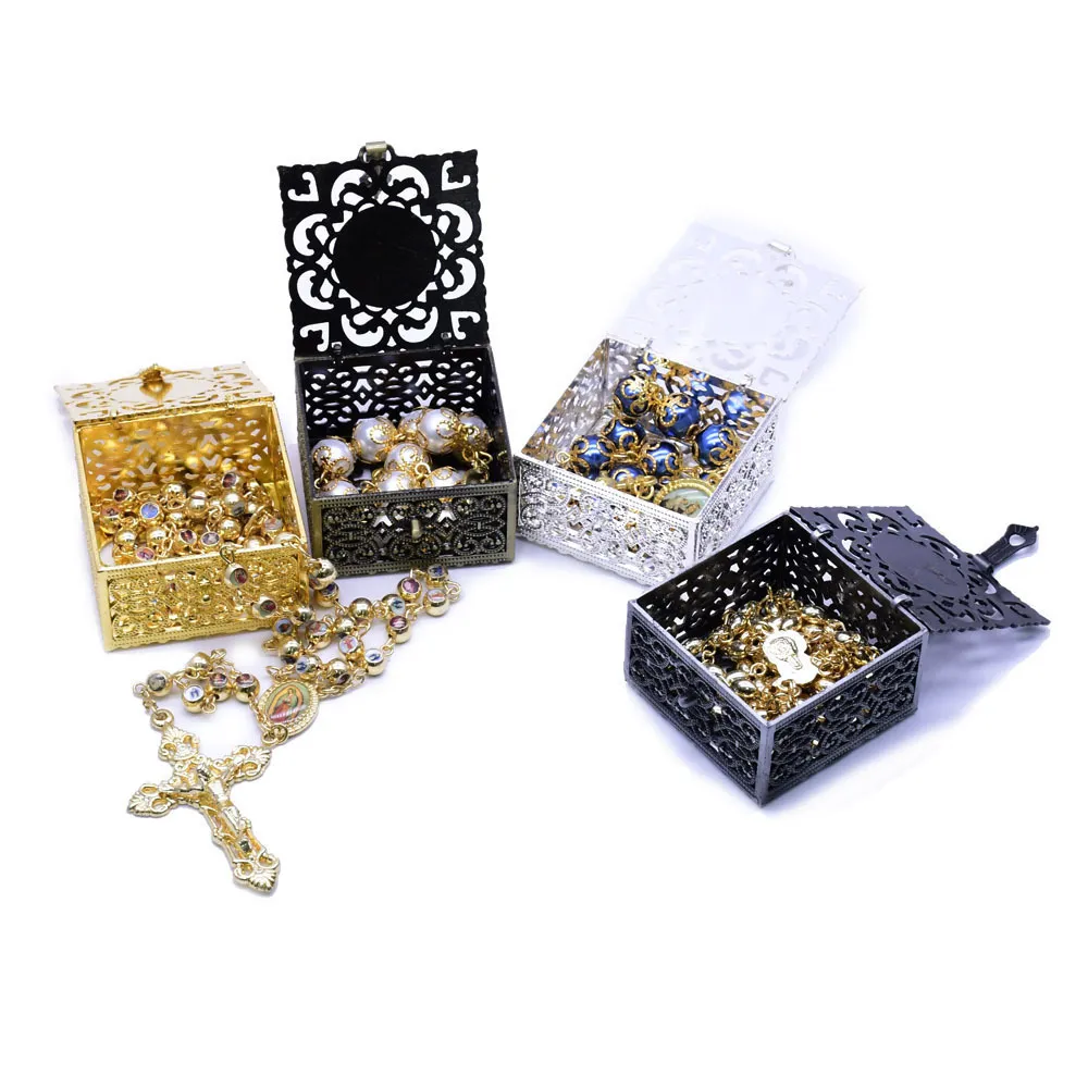 Rosary Box Metal Zinc Lega di fascia alta scatola da regalo di rosario in metallo scatola di imballaggio che perde