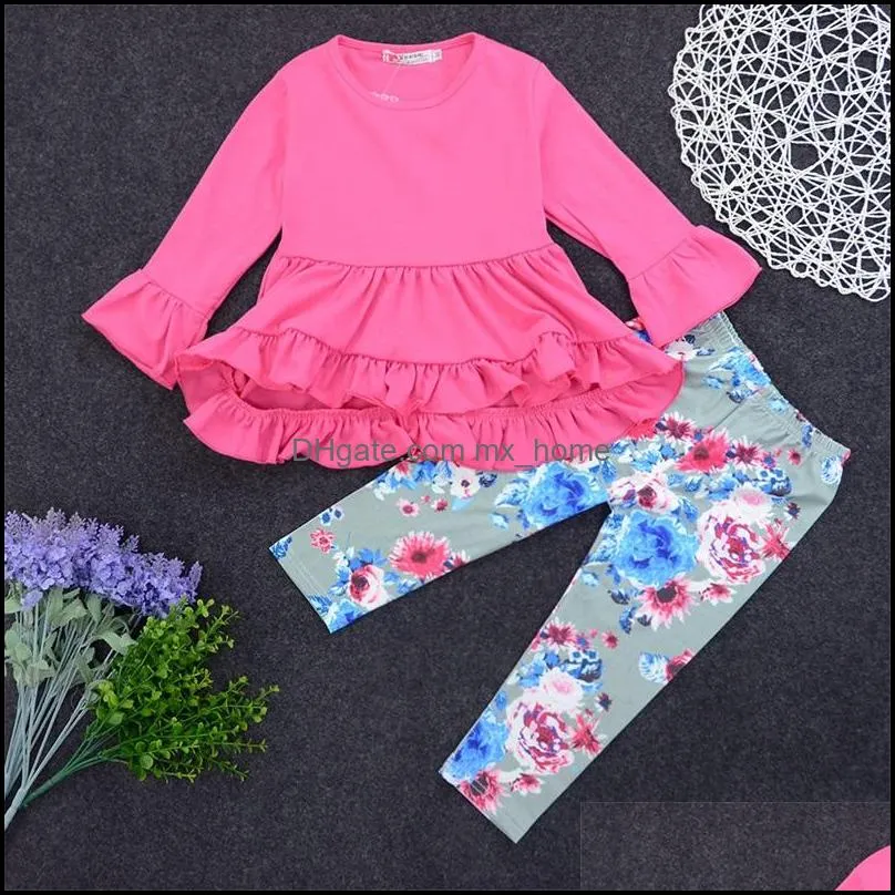 girls long sleeve flower printed outfits suits irregular ruffle tuxedo dress top+floral pant 2pcs/set kids clothes tracksuit sets 241