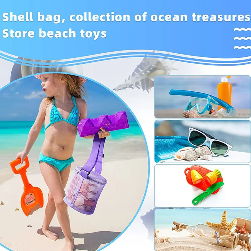 Juguetes para niños Bolsa de playa Bolso para niños Niñas Colección de conchas Bolsas de almacenamiento Bolsa de cubo de malla para exteriores Organizador portátil Bolsa de arena para salpicaduras INS Fácil de llevar