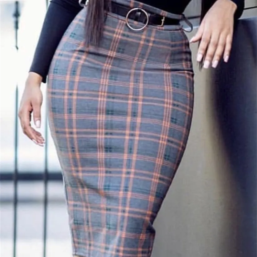 Women High Waist Plaid Pencil Skirts Bodycon Retro Classy Elegant Office Ladies Summer Modest Slim African Fashion Jupes Falads 220322