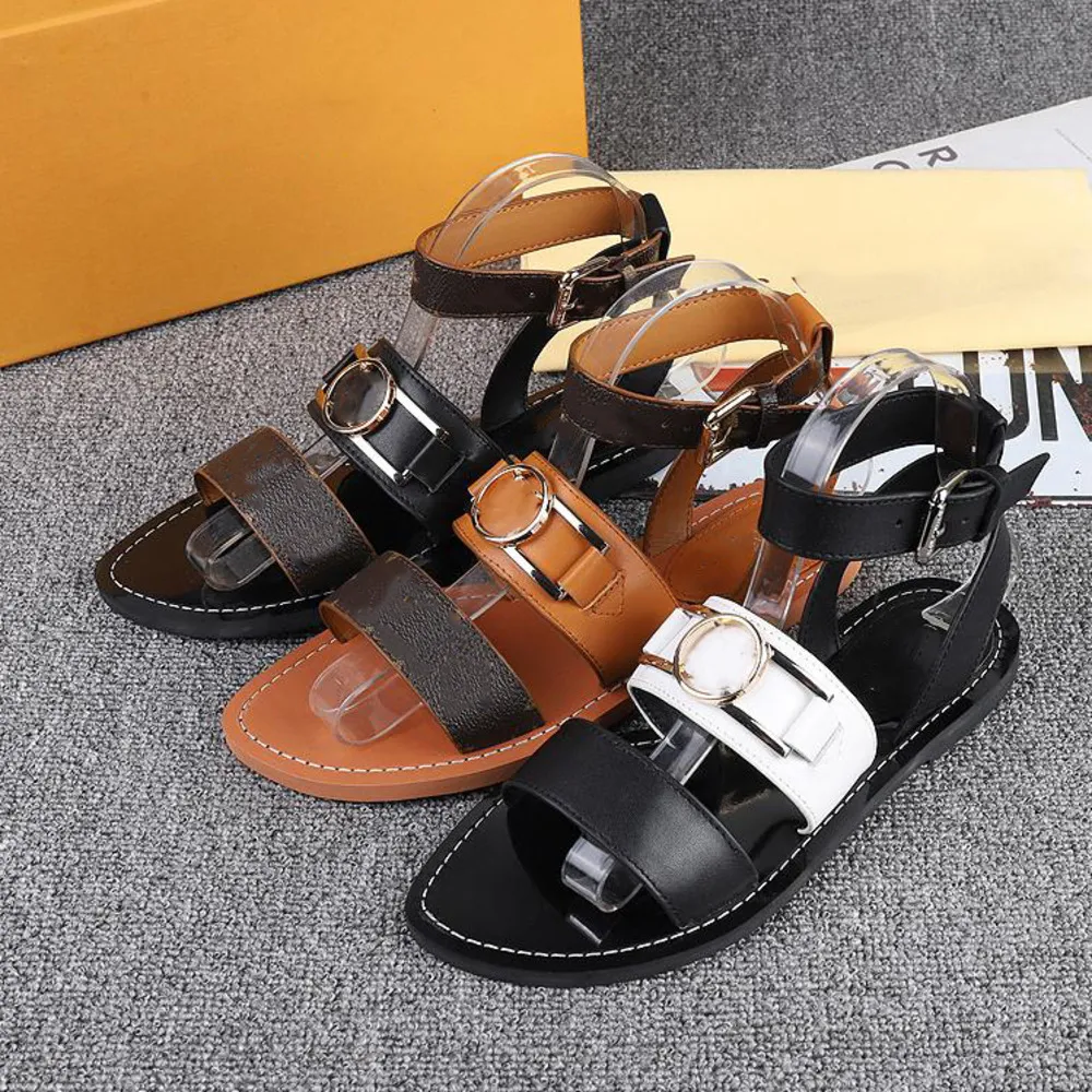 Women Academy Sandal Leather Sandals Flat Shoes Elegant Calf Leather Outsole Metal Buckle Summer Slipper Designer Flip Flops Big Size EU35 43 NO363