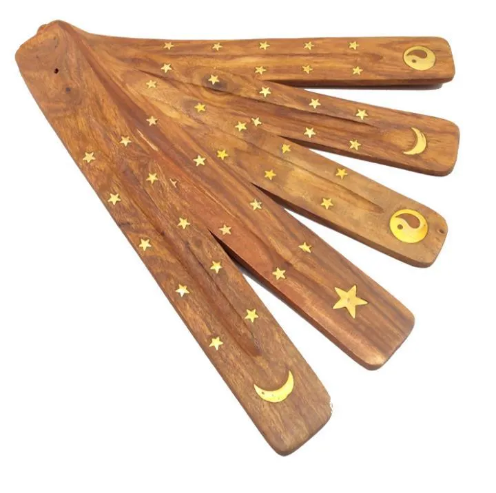 Natural Wooden Incense Stick Holder Tray Fragrance Lamps Ash Catcher Creative Printing Stars And Moon Burner Holders Censer Tool SN6283