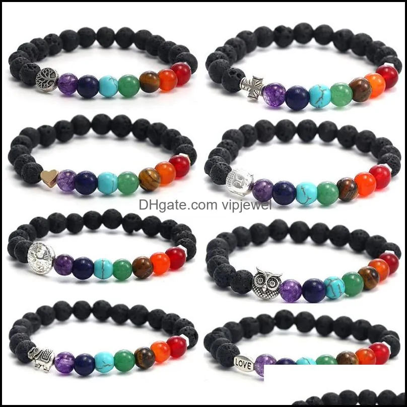 J￳ias de braceletes de fios de mi￧angas 7 pulseira de chakra para homens mulheres 8mm Black Laca BEADS Elefante/ Buda/ Yoga Cura Essentia Dhqrg