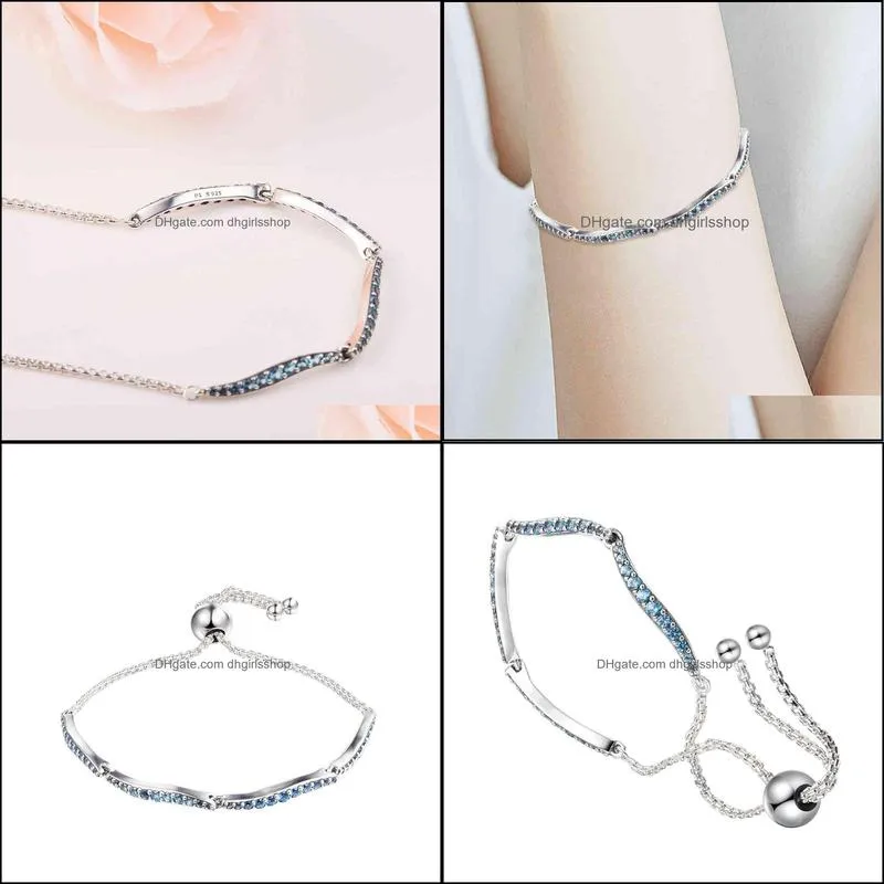 blue wavy slider bracelet argent 925 sterling silver crystal link bracelets for women girls original jewelry pulseras 2021