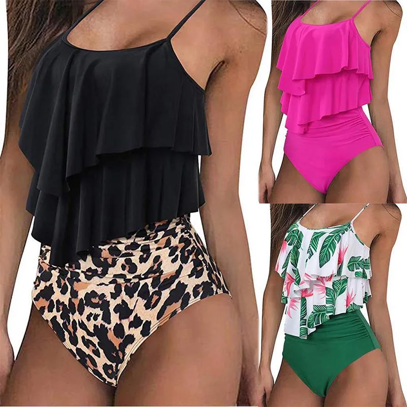 Kobiet stroje kąpielowe Kobiety Sexy Ruffle High Paisted Swimsuits 2 Piece Print Plus Size Tankini Kitnitur Kąpielowy Lato Mujer Bikinis # 23