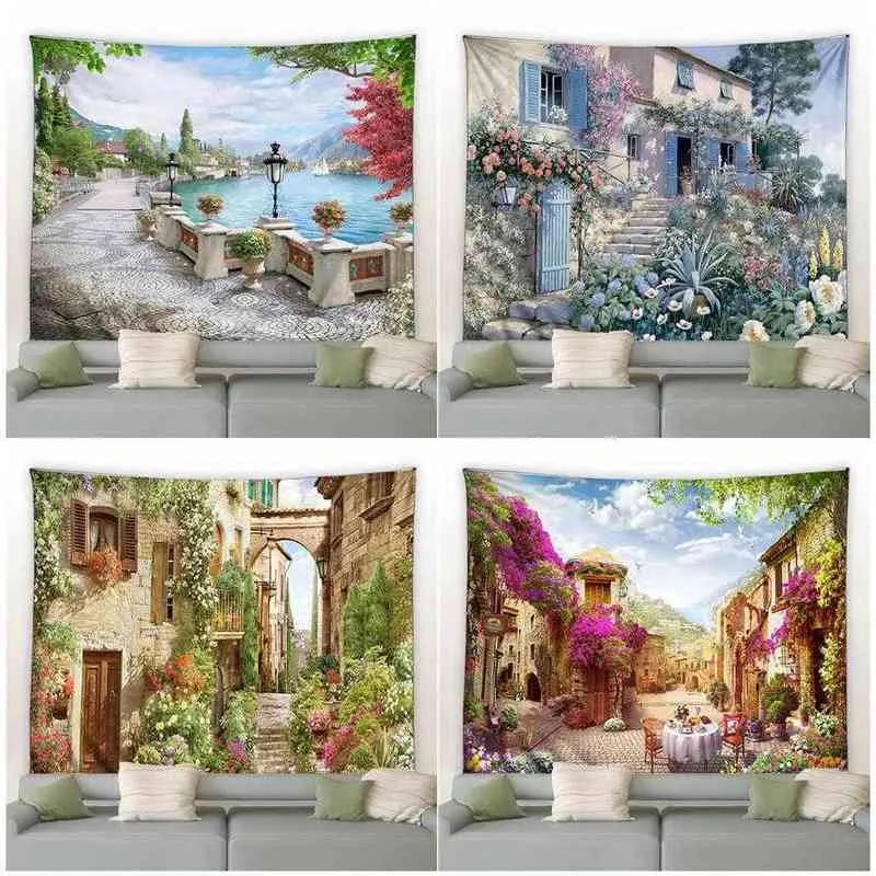 Tapestry Street Flowers Tapestry Tapestry European Style Vintage Building Green Plant Ho