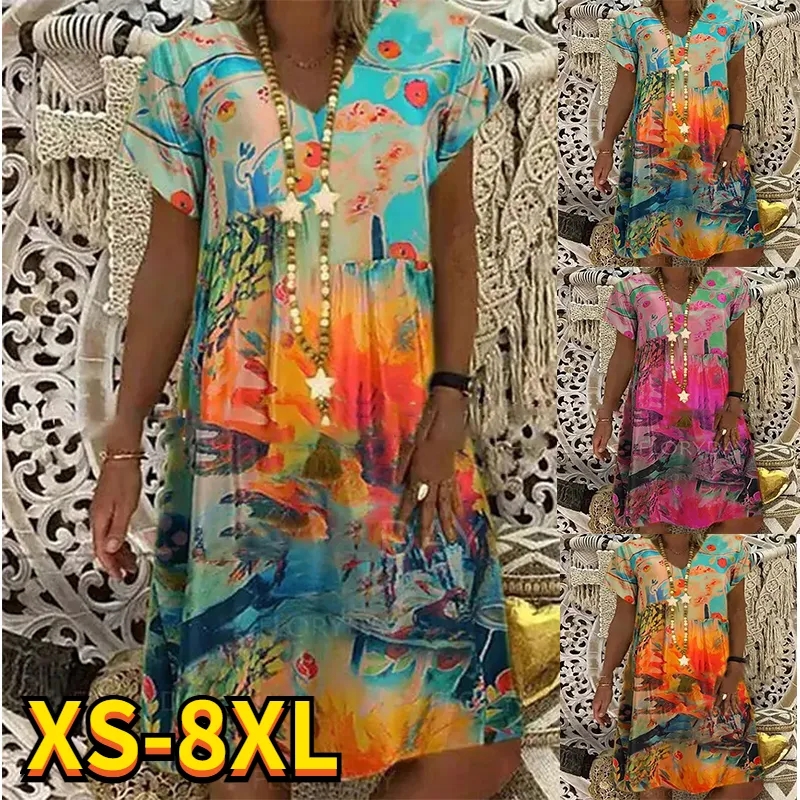 I bei vestiti stampati della pittura delle donne di estate scollo a V Absract Dress Allentano la lunghezza del ginocchio casuale Plus Size Top 220527