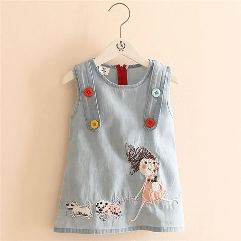 Summer Fashion Little Girl Embroidery Cartoon Dog Tank Vest Dresses With Buttons O-Neck Baby Girls Kids Denim Dress 220426