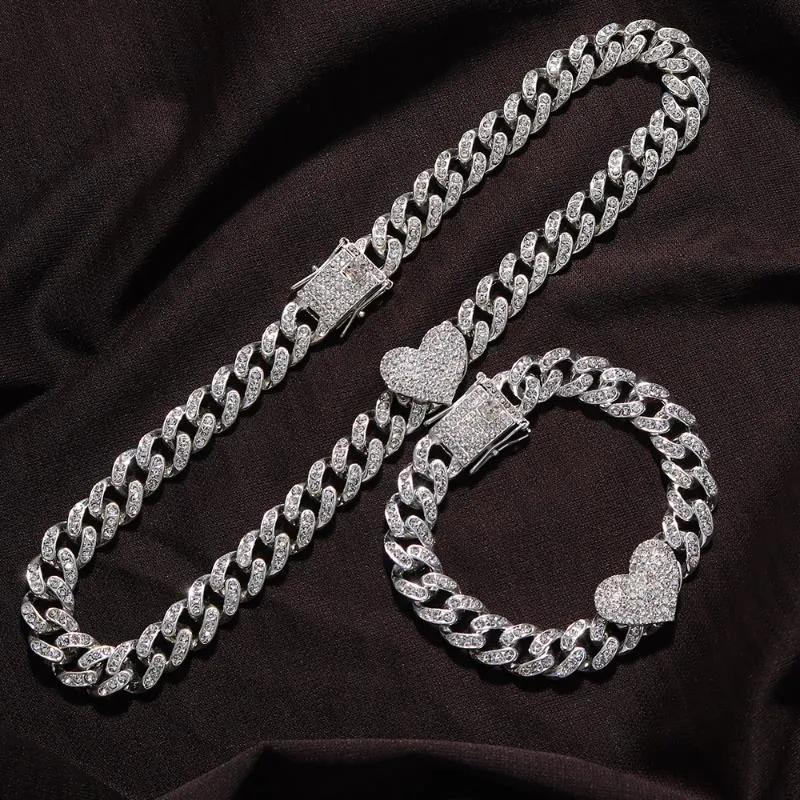 Chains 2Pc/Set Rapper Full Heavy Heart-shaped Cuban Link Bracelet Iced Women For Men Necklcae Chain Prong Pave Luxury Hiphop Jewelry CzChain