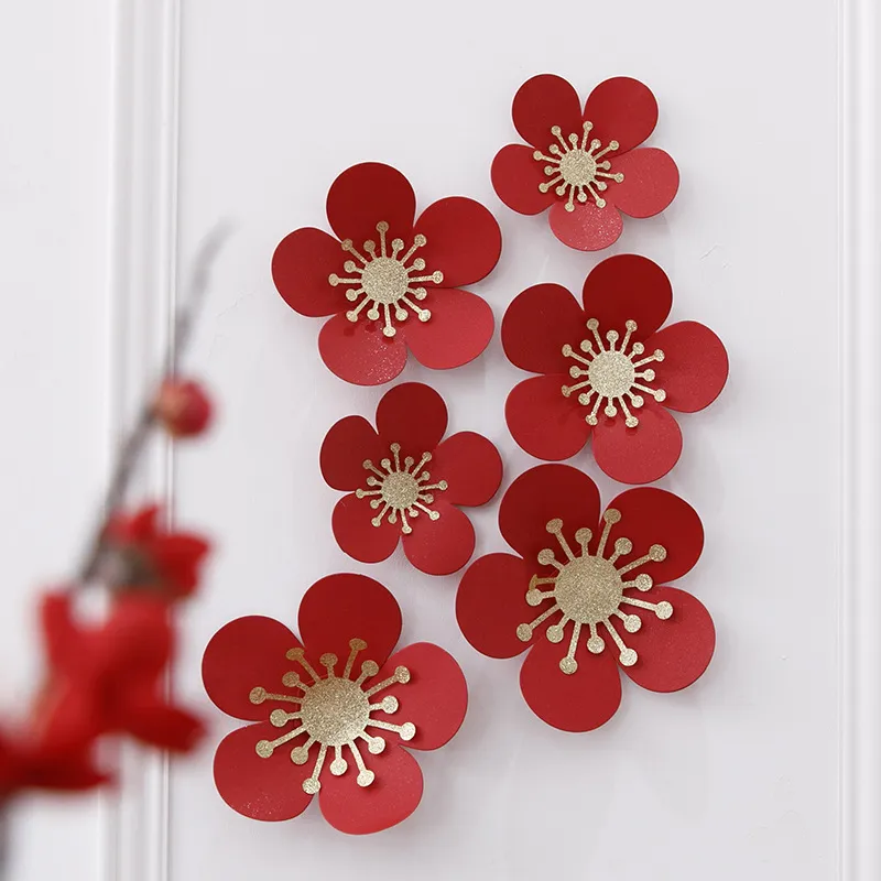 Chinese 3D Handmade Paper Red Flowers Set Decoraties Wall Elegant Decor Nursery Bruiloft Huwelijksruimte Party Supplies MJ0744