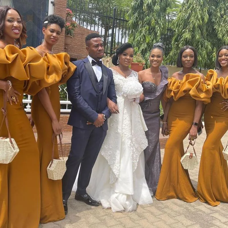Mustard Yellow Mermaid Bridesmaids Dress Off-Shoulder Satin Floor-Length with Ruffles and Built-in Bra from Dhgate Bridesmaid Dress - price 91.46 Mustard Yellow Mermaid Bridesmaids Dress Off-Shoulder Satin Floor-Length with Ruffles and Built-in Bra from Dhgate Bridesmaid Dress - price 91.46